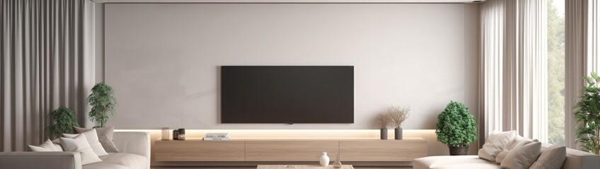 Panorama of elegant designed living room with soft couch, light color walls, big television screen and wooden elements. Interior design concept