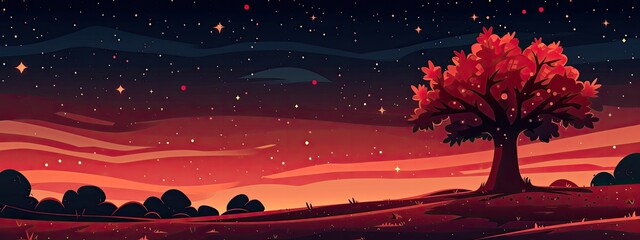 alien red landscape with a solitary tree. cartoon illustration