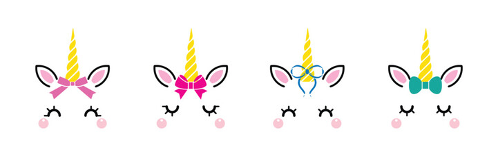 Four unicorn heads with bow tie ribbon set isolated on white background. Vector cartoon character illustration. Design for child card, t-shirt. girls, kid. 