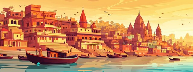 city of Varanasi with river Ganges in India. cartoon illustration - obrazy, fototapety, plakaty