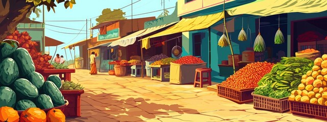 rural Indian market. cartoon illustration
