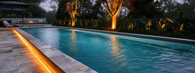 residential outdoor swimming pool illuminated by warm lighting.