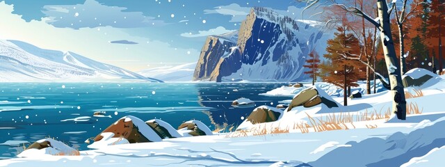 Winter landscape of Baikal lake in simple, cartoon illustration