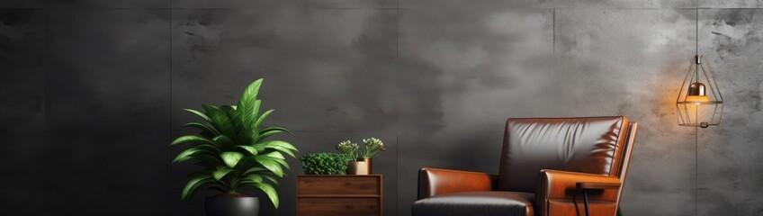 Style loft interior with leather armchair on dark cement wall.3d rendering