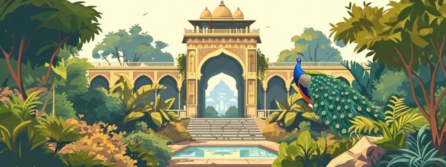 Keuken spatwand met foto Traditional Mughal garden, arch, peacock, cartoon illustartion © Александр Alexander