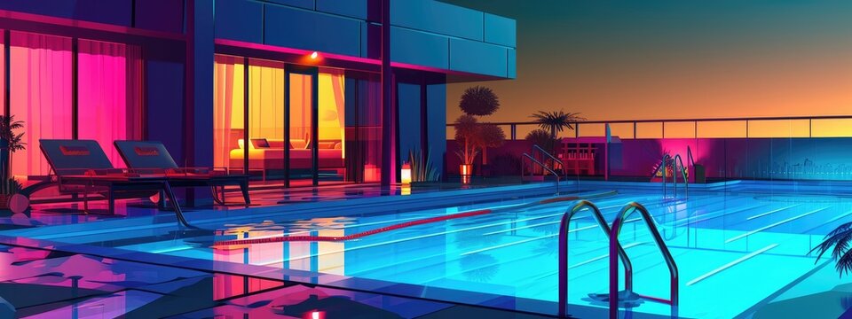 residential outdoor swimming pool illuminated by vibrant lighting. cartoon illustration.