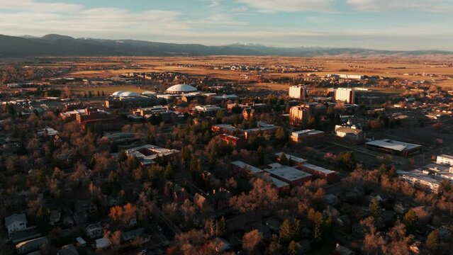Establishing drone shot of Montana State University at Sunrise
