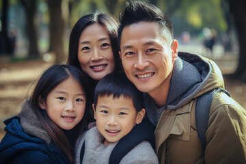 Happy Smiling Beautiful Asian Family with smiling kids outdoors between spring and summer