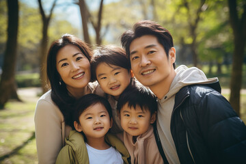 Happy Smiling Beautiful Asian Family with smiling kids outdoors between spring and summer