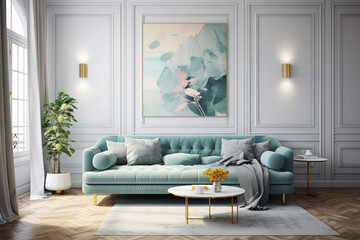 Luxury Livingroom house or apartment interior design, mock up room design, plants, and elegant personal accessories. Couch and table furniture with poster art and room accessories home decor