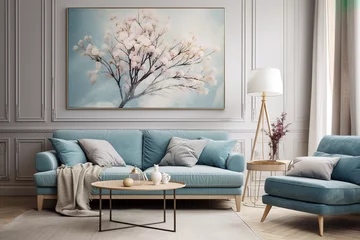 Foto op Canvas Luxury Livingroom house or apartment interior design, mock up room design, plants, and elegant personal accessories. Couch and table furniture with poster art and room accessories home decor © G