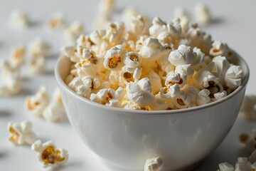 Golden buttered and salted popcorn fills a sleek white glass against a clean white backdrop, tempting with its irresistible aroma and promising a crunchy, satisfying pop of flavor.