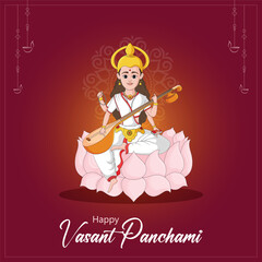 Vector illustration Vasant Panchami India festival Editable Post Banner Template with Goddess of Wisdom Saraswati 