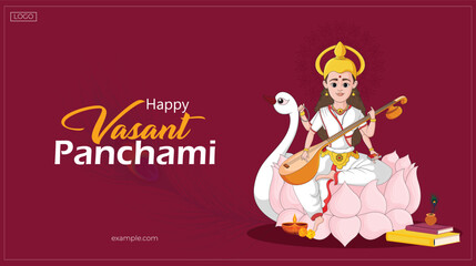 Vector illustration Vasant Panchami India festival Editable Post Banner Template with Goddess of Wisdom Saraswati 