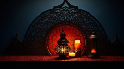 Ramadan Kareem - islamic muslim holiday greeting card with eid lantern or lamp