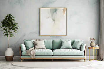 Luxury Livingroom house or apartment interior design, mock up room design, plants, and elegant personal accessories. Couch and table furniture with poster art and room accessories home decor - obrazy, fototapety, plakaty