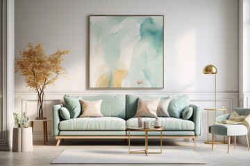 Luxury Livingroom house or apartment interior design, mock up room design, plants, and elegant personal accessories. Couch and table furniture with poster art and room accessories home decor