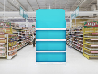 Superstore product display end cap shelf in eye catchy blue color. 3D Illustration - obrazy, fototapety, plakaty