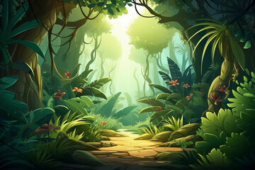Tropical jungle background, Amazon forest, wildlife, animal, waterfall, exotic birds, trees, nature, art AI Generative
