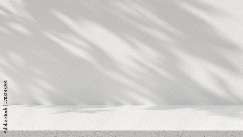 Poster empty space stone table top on white wall background with tree shadow sunlight. mockup scene display