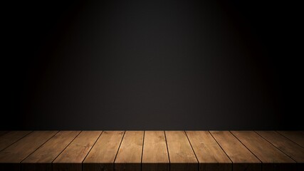 Empty space wooden plnak on dark wall background with spot light. Mockup scene display for products...