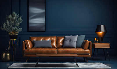 The interior design of a modern home or apartment living room with a dark blue background wall and leather couch with pillows for decor