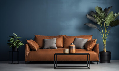 The interior design of a modern home or apartment living room with a dark blue background wall and leather couch with pillows for decor - Powered by Adobe