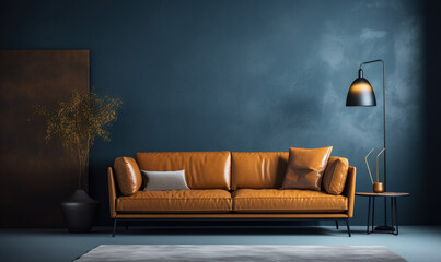 Obraz premium The interior design of a modern home or apartment living room with a dark blue background wall and leather couch with pillows for decor
