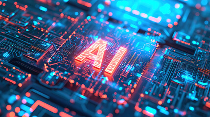 AI on a Circuit Board: A Digital and Futuristic Concept with Blue and Orange Lights