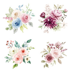 Watercolor flowers hand drawn, set floral vintage bouquets with roses and peonies. Decoration for poster, greeting card, birthday, wedding design. Isolated on white background.