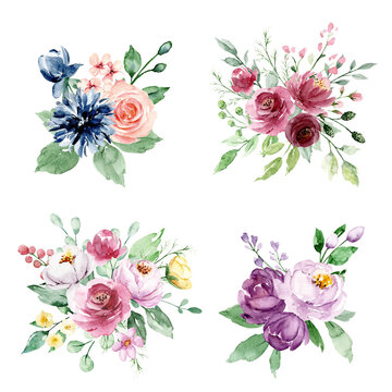 Watercolor flowers hand drawn, set floral vintage bouquets with roses and peonies. Decoration for poster, greeting card, birthday, wedding design. Isolated on white background.
