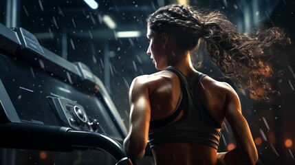 Fototapeta na wymiar Woman running on a treadmill in a gym.