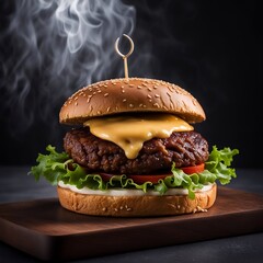 cheese burger isolated in soft lightening condition, smoking hot delicious burger with grilled meat