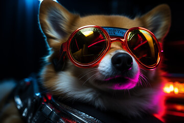 Corgi dog in cyber glasses, neon light