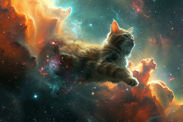 illustration of a cat floating in space - obrazy, fototapety, plakaty