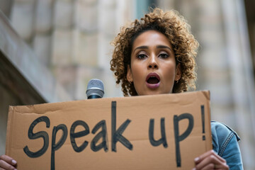 Speak up concept image with a black afro american woman holding a sign board with written words speak up to fight against racism