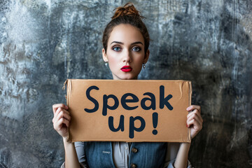 Speak up concept image with a woman holding a sign board with written words speak up to fight against discrimination - obrazy, fototapety, plakaty