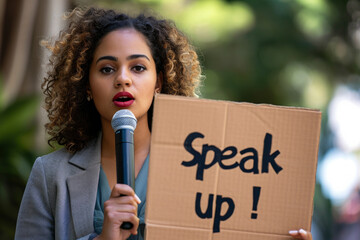 Speak up concept image with a black afro american woman holding a sign board with written words speak up to fight against racism - obrazy, fototapety, plakaty