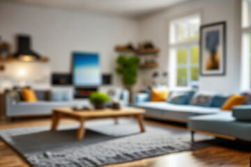 Blurred view of modern living room with sofa and soft bench
