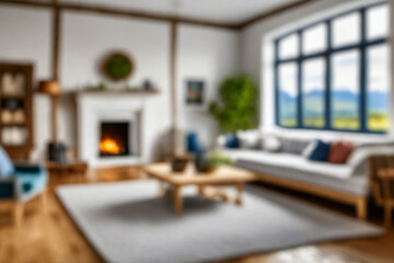 Blurred view of modern living room with sofa and soft bench
