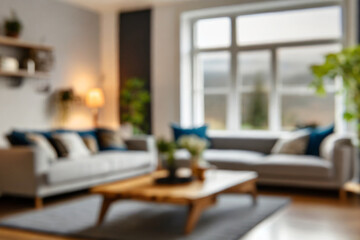 Blurred view of modern living room with sofa and soft bench
