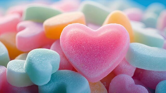 A macro image of a pile of heartshaped gummy candies in various pastel colors, with a background of oversized candy canes and cotton candy clouds.