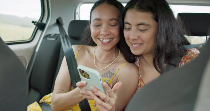 Woman, friends and happy for selfie on road trip with tongue and funny face with transport in car. Girl, photography and kiss with care, journey or holiday for memory, smile and app for social media