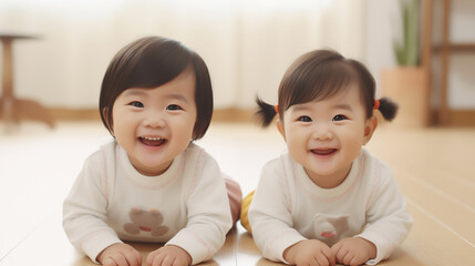 Joyful Twins in a Moment of Innocent Laughter : Fraternal twins lying side by side
