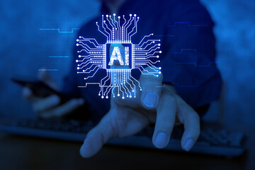 Man's fingers typing on laptop keyboard, AI hologram with chatbot and online communication, digital lines and global connection.