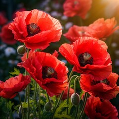 Beautiful red poppy flowers garden image Generative AI