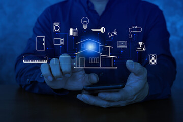 Hand using smartphone as smart home control application, smart home concept banner. glowing house humid with diverse icons, interface and binary.