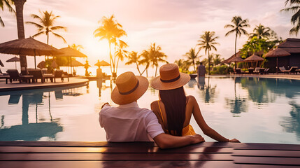 A young couple enjoys a sunset vacation by the pool at a tropical resort._Generative AI