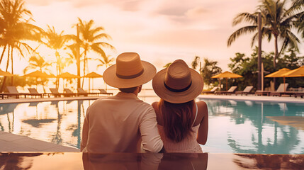 A young couple enjoys a sunset vacation by the pool at a tropical resort_Generative AI