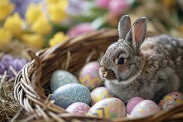 cute little rabbit sitting in a basket of easter eggs - easter concept